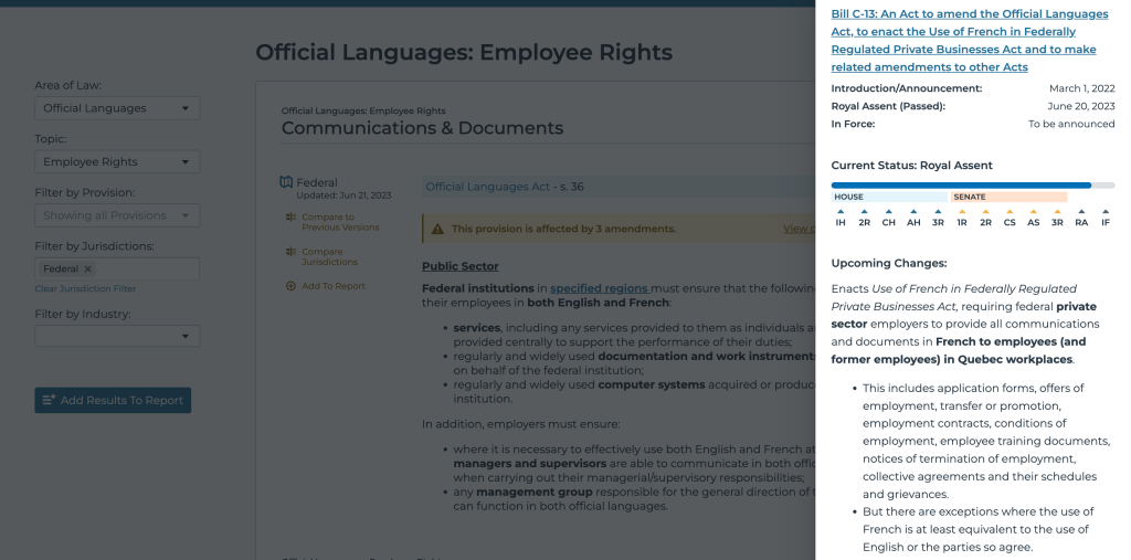 Screenshot of Bill C-13 summary in Compliance Works